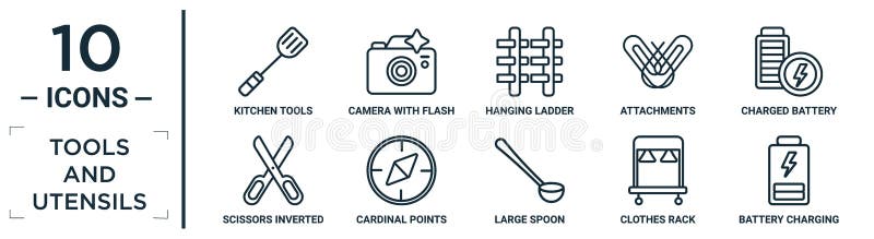 Tools. and. utensils linear icon set. includes thin line kitchen tools, hanging ladder, charged battery, cardinal points, clothes royalty free illustration