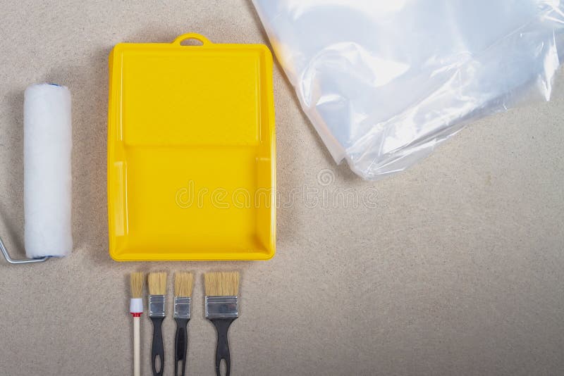 Tools for Wall Painting and Repair Roller, Brushes, Yellow Paint Tray