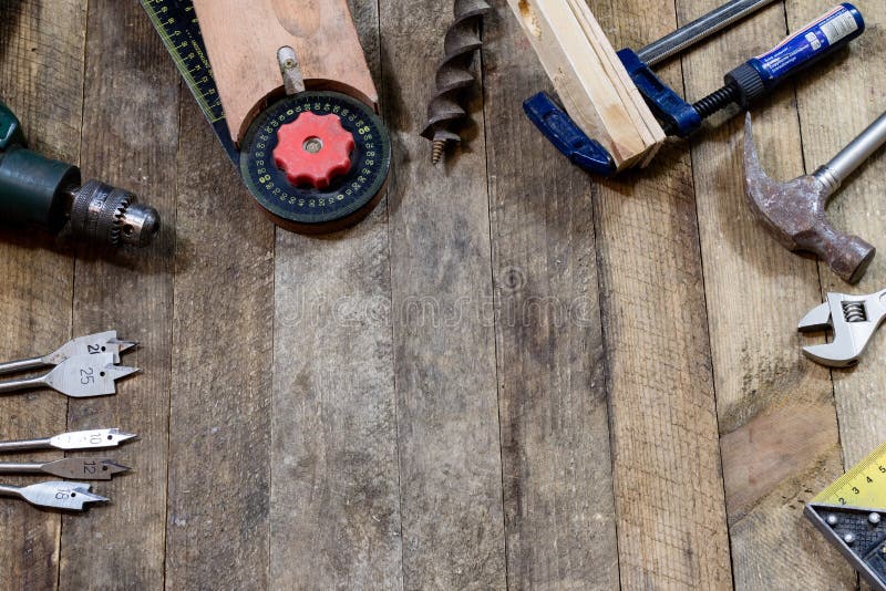 Tools on a Wooden Table in an Old Arranged on the Edge Stock