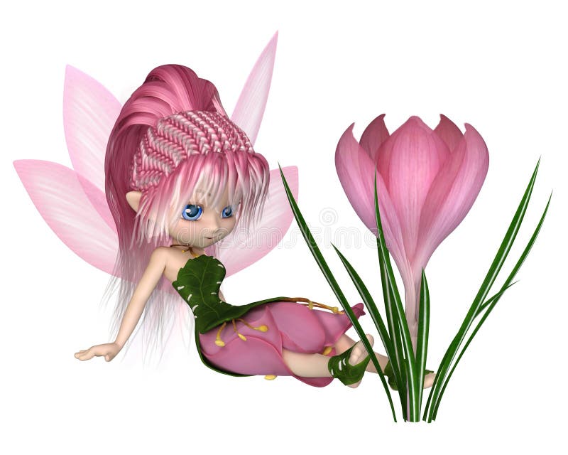 Toon Pink Crocus Fairy mignon, s'asseyant par une fleur illustration stock Toon Pink Crocus Fairy mignon, s'asseyant par une fleur illustration stock