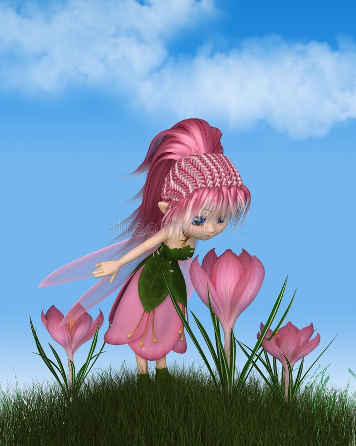 Toon Pink Crocus Fairy mignon sur Sunny Spring Day illustration stock Toon Pink Crocus Fairy mignon sur Sunny Spring Day illustration stock