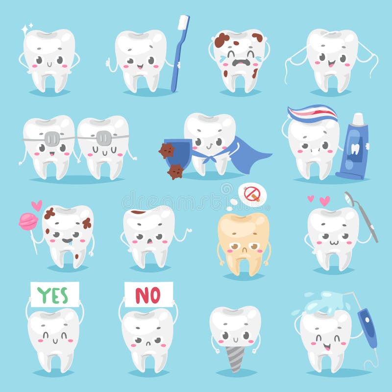 Tooth character personage dental clinic mascot with a toothbrush smiling different human pose vector illustration stock illustration Tooth character personage dental clinic mascot with a toothbrush smiling different human pose vector illustration stock illustration