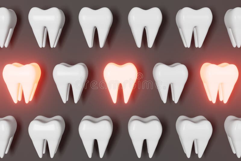 Toothache problem 3d rendering pattern grey background. White healthy teeth molar tooth with pain National Dentist\'s Day royalty free illustration