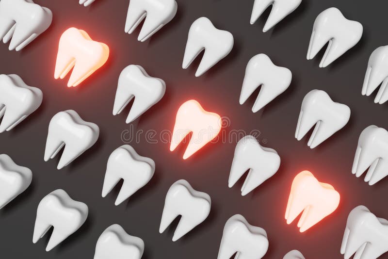Toothache problem 3d rendering pattern grey background. White healthy teeth molar tooth with pain National Dentist\'s Day royalty free illustration