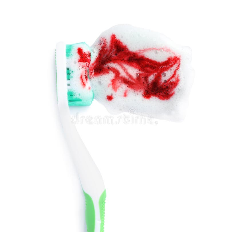 Toothbrush with Paste and Blood on White Background, Top View. Gum