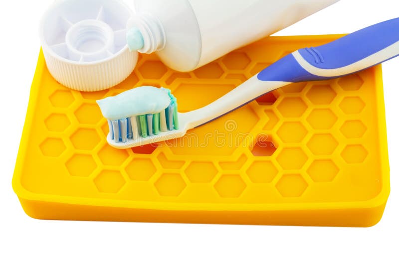 Toothbrush Toothpaste Yellow Holder Isolated White Background Stock