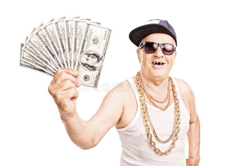 Toothless old man in hip-hop outfit holding a pile of cash isolated on white background. Toothless old man in hip-hop outfit holding a pile of cash isolated on white background