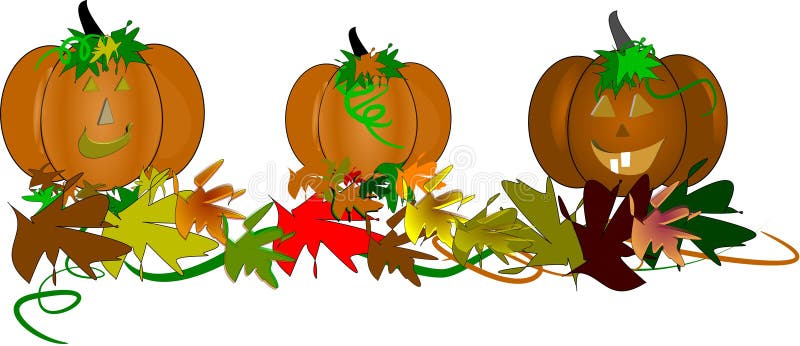 Toothy pumpkins in 3d with leaves and vines for Halloween background on white. Autumn border fall halloween leaves pumpkins illustrations