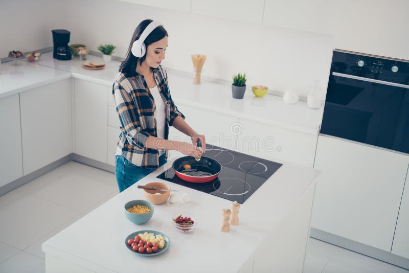Top above high angle view photo charming concentrated beautiful lady prepare feast supper evening routine hold hand stock photography