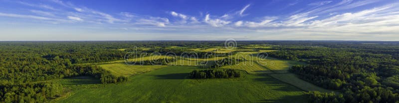 Top aerial panoramic view of green fields and meadows in summer. Abstract landscape with lines of fields, grass, trees, sunny sky