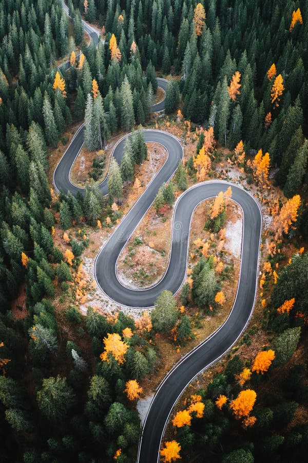 Top aerial view of famous Snake road near Passo Giau in Dolomite Alps