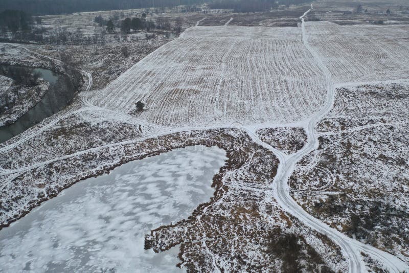 Top aerial view of snow field landscape