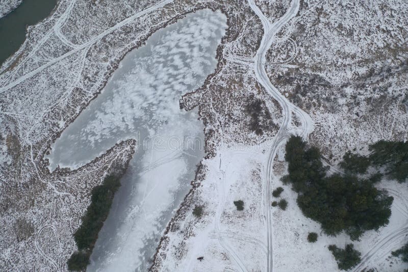 Top aerial view of snow field landscape