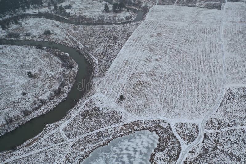 Top aerial view of snow field landscape