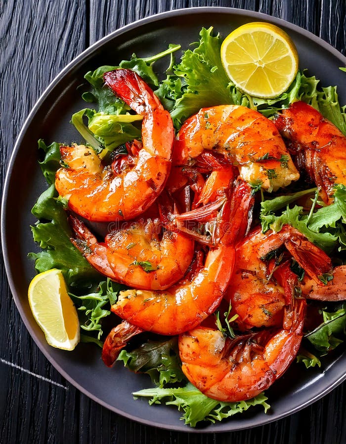 Top Aussicht auf frisch gegrillte Jumbo-Garnelen mit grünem Salat. Makro Top Aussicht auf frisch gegrillte Königengarnelen mit grü lizenzfreie abbildung