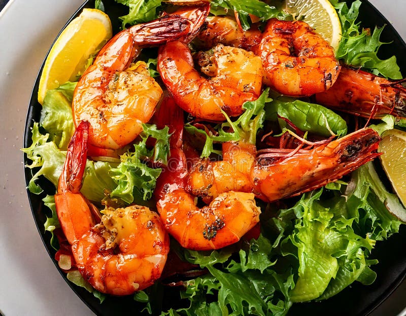 Top Aussicht auf frisch gegrillte Jumbo-Garnelen mit grünem Salat. Makro Top Aussicht auf frisch gegrillte Königengarnelen mit grü stock abbildung