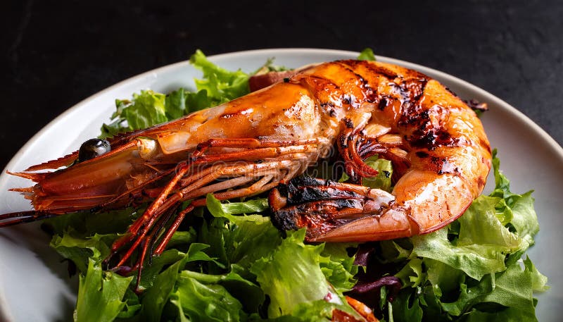 Top Aussicht auf frisch gegrillte Jumbo-Garnelen mit grünem Salat. Makro Top Aussicht auf frisch gegrillte Königengarnelen mit grü lizenzfreie abbildung