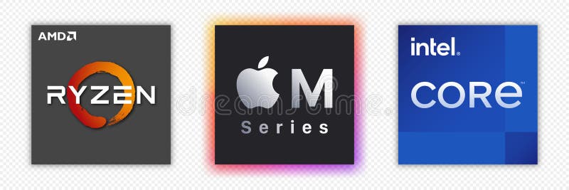 Top brands of computer processor manufacturers, logo of AMD Ryzen, Apple M series, Intel core, Vector editorial illustration royalty free illustration
