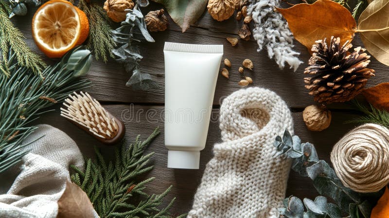 Essentials kit for babies arranged on wooden surface with natural elements for a calming atmosphere stock photography