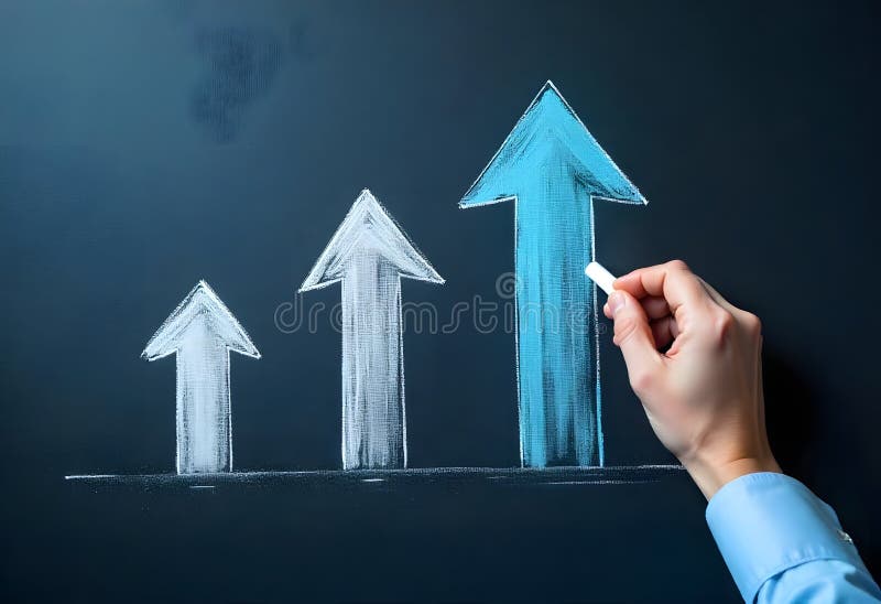 A top-down, close-up shot on a dark grey chalkboard surface. Four upward-pointing arrow shapes are prominently displayed royalty free illustration