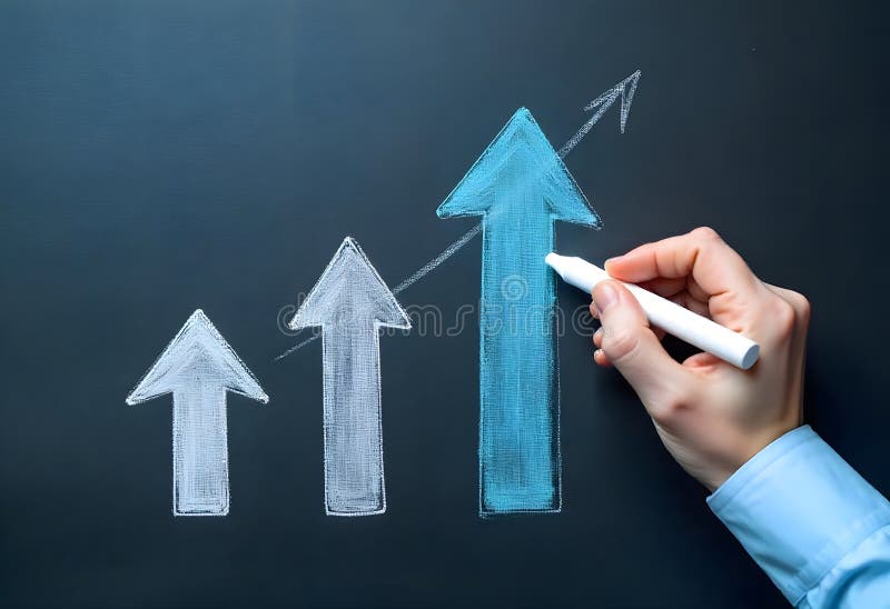 A top-down, close-up shot on a dark grey chalkboard surface. Four upward-pointing arrow shapes are prominently displayed royalty free illustration