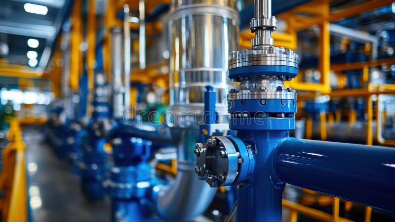 A top-down view of a blue pipe and various valves situated within a spacious industrial room, showcasing the intricate royalty free stock photo