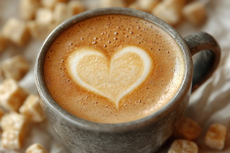 Top-down view of latte eart in a cozy cafe set with sockercubes. En latte med nygjord hjärtutformning i en rustik kopp omgiven av sockerbitar med ett varm och bekvämt ögonblick i ett litet kafé..