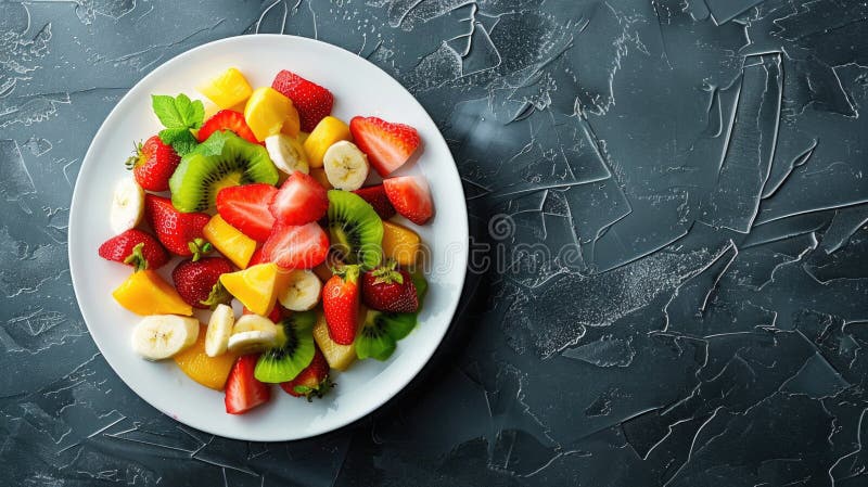 Top down view of a mixed fruit salad on a white plate on a blue stone texture background. Cleanplate illustrations