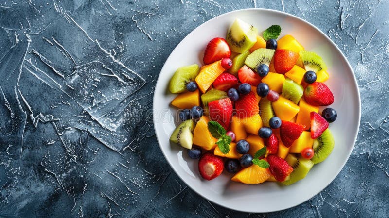 Top down view of a mixed fruit salad on a white plate on a blue stone texture background. Cleanplate illustrations