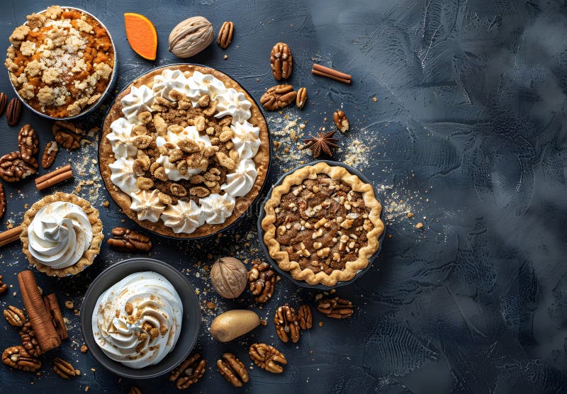 Assortment of Pies with Whipped Cream and Nuts Stock Illustration