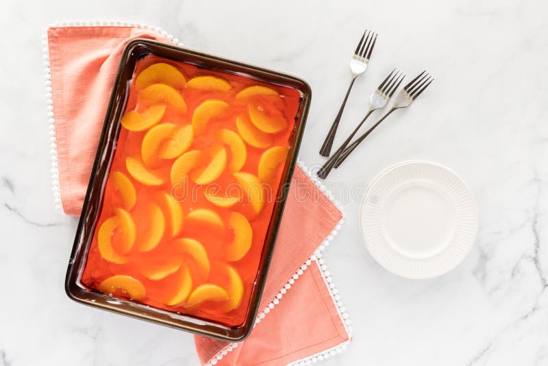 Top Down View of a Pan of Peach Jelly Dessert Ready for Serving. Stock Image Image of summer