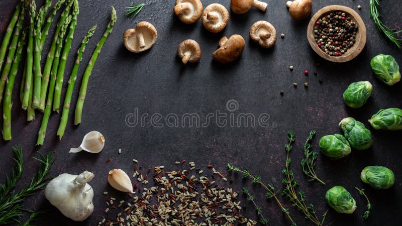 Top down view of a selection of ingredients used for preparing a meal. royalty free stock photography