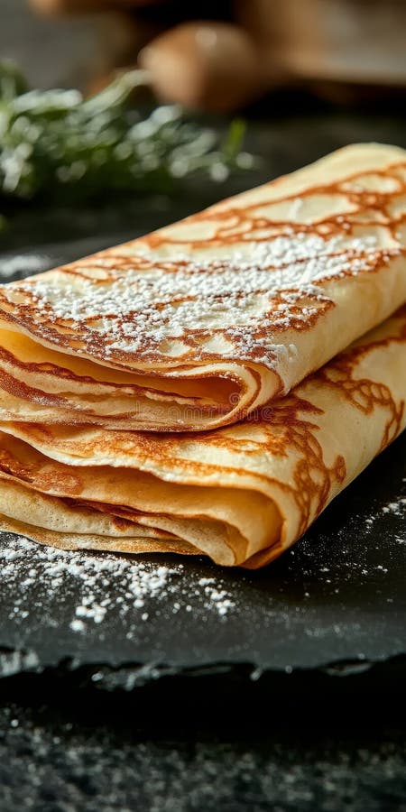 A Top Down View of a Stack of Delicious French Crepes Dusted with Powdered Sugar for Menu Use royalty free illustration