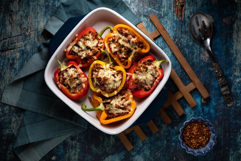 Top down view of stuffed peppers fresh out of the oven, ready for eating. stock photography