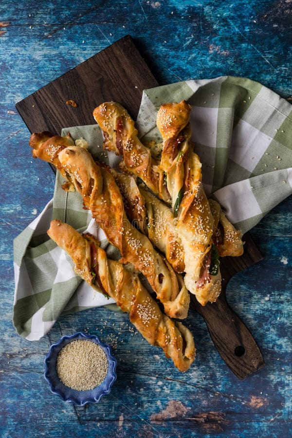 Top Down View of Twisted Breadsticks Filled with Cheese, Bacon and