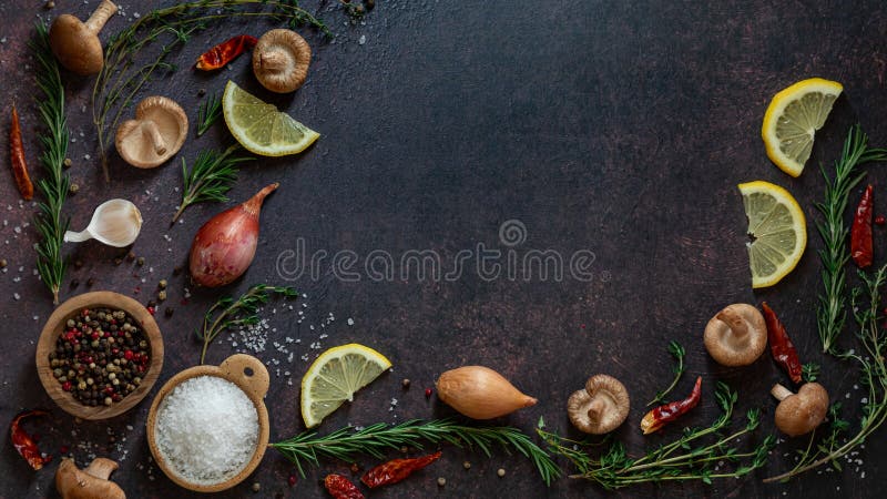 Top down view of various ingredients for cooking to add flavour with copy space. royalty free stock photos