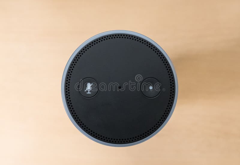 Top-down view of a well-known Smart Speaker and Assistant showing its minimal controls.