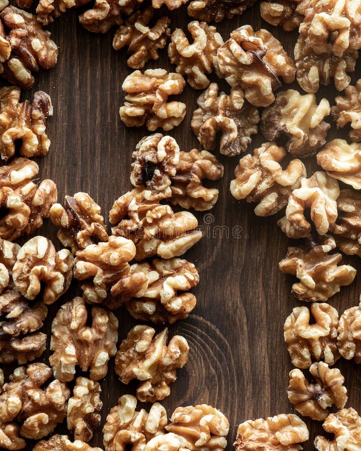 Top down view of whole walnuts with copy spaces. royalty free stock photos