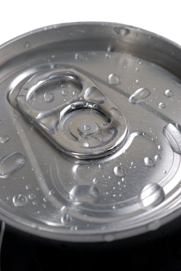 Macro photo of top of canned drink with water drop. Focus on the front of the key. Macro photo of top of canned drink with water drop. Focus on the front of the key.