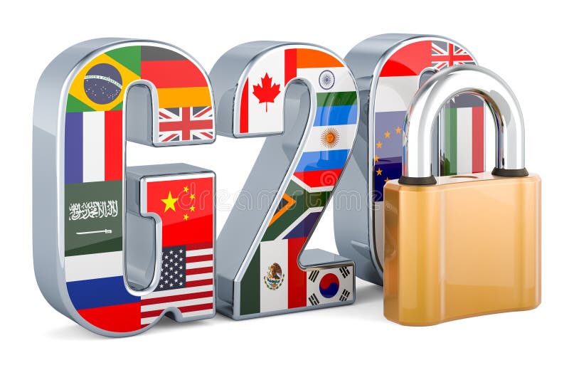 Top g20 met padlock 3d rendering royalty-vrije illustratie