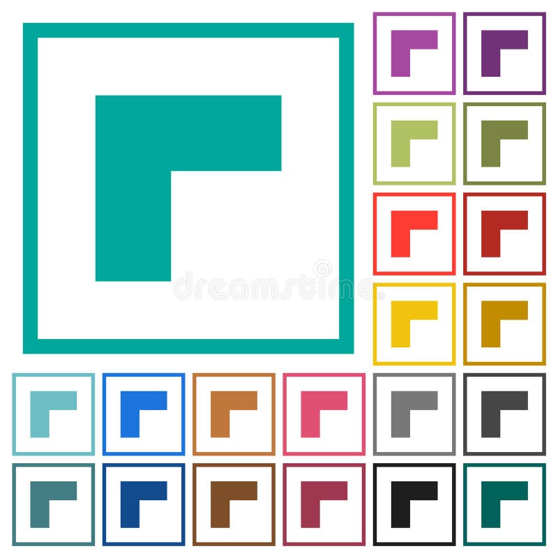 Top left 90 degrees angle arrow solid flat color icons with quadrant frames vector illustration