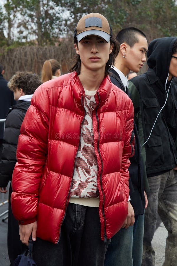 Top Model with Red Padded Jacket before Etro Fashion Show, Milan ...