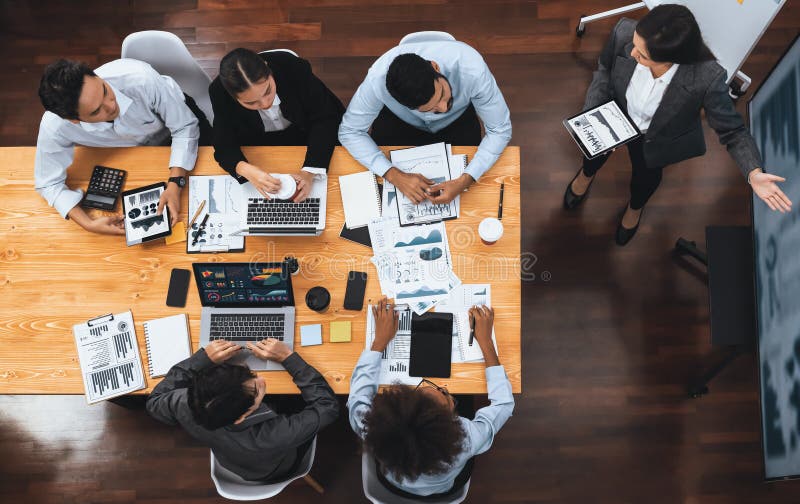 Top panorama view business presentation data analysis dashboard on TV. Concord stock image