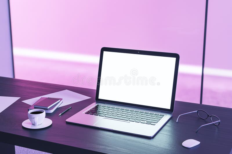 Top perspective view on blank white modern laptop screen with place for web design or web site on dark work table with coffee cup vector illustration
