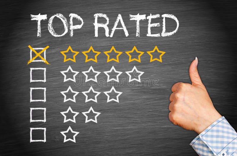 Top Rated - five stars and hand with thumb up. Top Rated - five stars and hand with thumb up