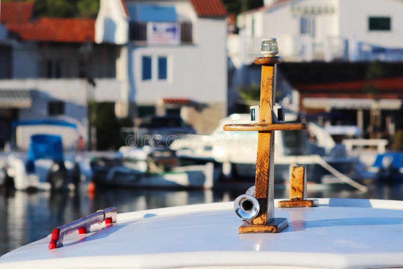 Top of a Small Fishing Boat Equipped with a Siren and Onboard Navigation Lights. Fragment of a Sea Vessel on a Background of Stock Photo - Image of production, europe: 132483966