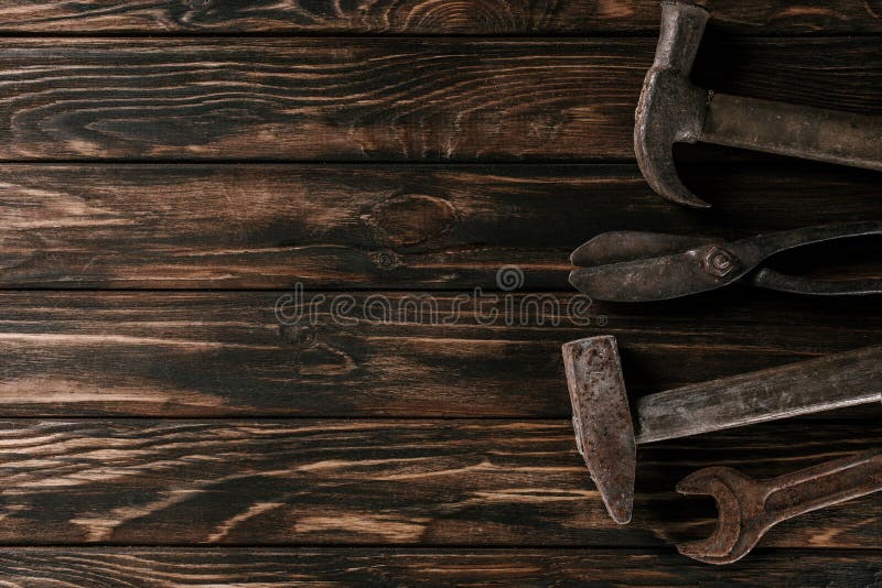 Top View of Arranged Hammers Wrench and Scissors Vintage Tools Stock Photo Image of background