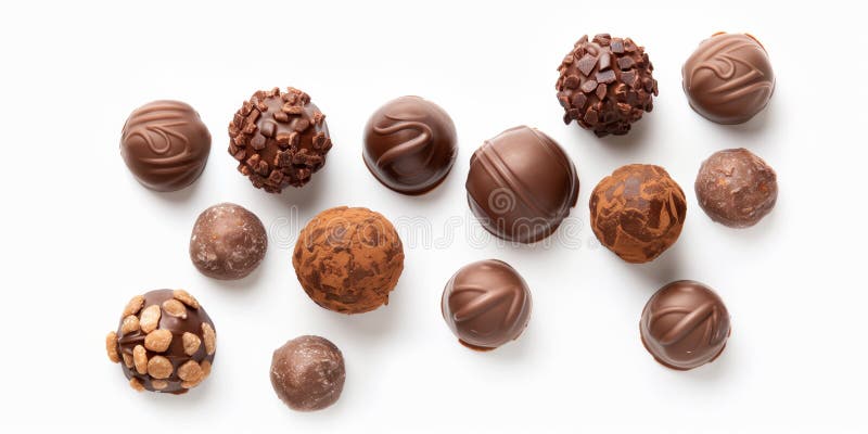 Top view of assorted chocolate truffles with various toppings arranged in neat rows on a white background royalty free stock photo
