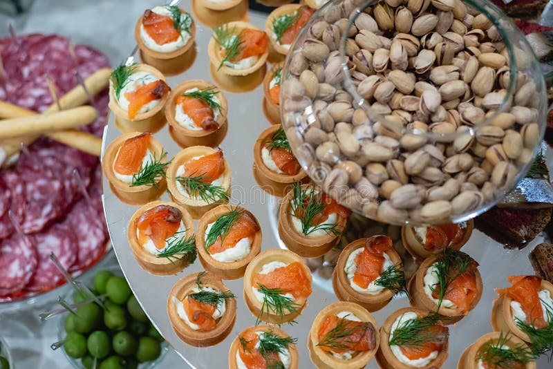 Top View Of Banquet Table With Cold Snacks Cold Meats Sliced Sausages