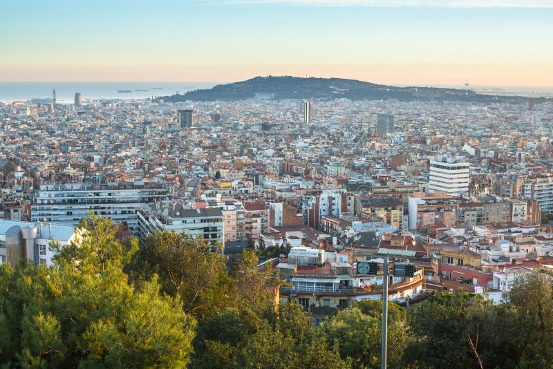 Top view of Barcelona from park Guel on a sunset. Barcelona is the capital city of Catalonia in Spain royalty free stock photos Top view of Barcelona from park Guel on a sunset. Barcelona is the capital city of Catalonia in Spain royalty free stock photos